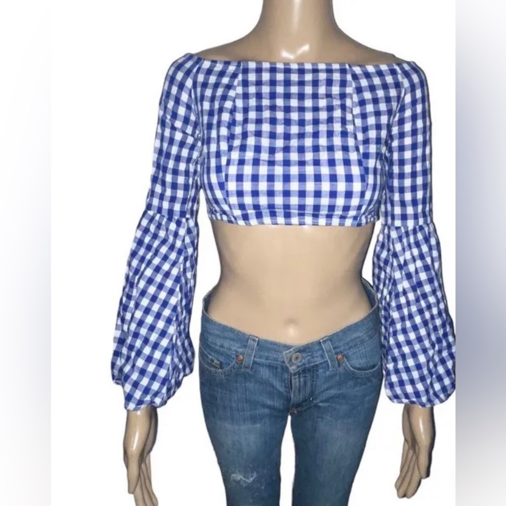 Dress Decode blue and white gingham plaid bell sleeve crop top small